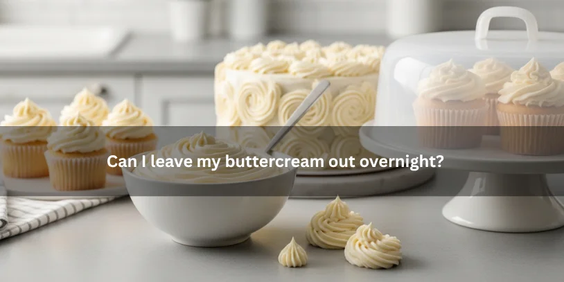 Can I Leave Buttercream Out Overnight? Safe Guide for Cakes, Cupcakes, and Buttercream Frosting Smooth buttercream frosting in a bowl beside a frosted cake on a countertop, illustrating whether buttercream can be left out overnight under soft natural lighting.-can i leave buttercream out overnight