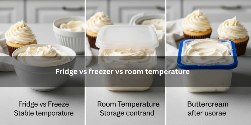Can I Leave Buttercream Out Overnight? Safe Guide for Cakes, Cupcakes, and Buttercream Frosting Three buttercream storage setups comparing room temperature, refrigerator, and freezer storage, illustrating texture and usage differences under soft natural lighting.-can i leave buttercream out overnight