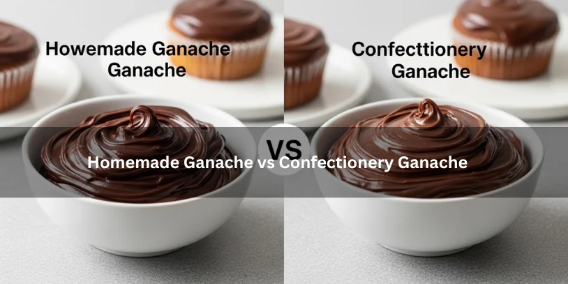 Can I Leave Ganache Out Overnight? Safe Storage for Cakes, Truffles, and Homemade Ganache Two bowls of chocolate ganache comparing homemade ganache and confectionery ganache beside decorated cakes, illustrating texture and finish differences under soft natural lighting.-can i leave ganache out overnight