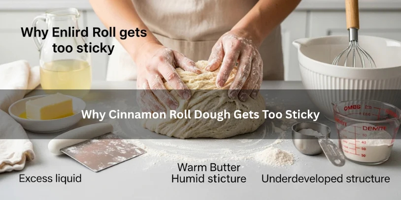 Cinnamon Roll Dough Too Sticky? How to Fix It Without Ruining Soft, Fluffy Rolls Soft enriched cinnamon roll dough clinging heavily to hands and the countertop beside common baking clues, illustrating why cinnamon roll dough gets too sticky under soft natural lighting.-cinnamon roll dough too sticky