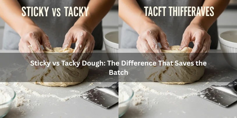 Cinnamon Roll Dough Too Sticky? How to Fix It Without Ruining Soft, Fluffy Rolls Two portions of enriched cinnamon roll dough comparing sticky dough and tacky dough, illustrating the handling difference that can save the batch under soft natural lighting.-cinnamon roll dough too sticky