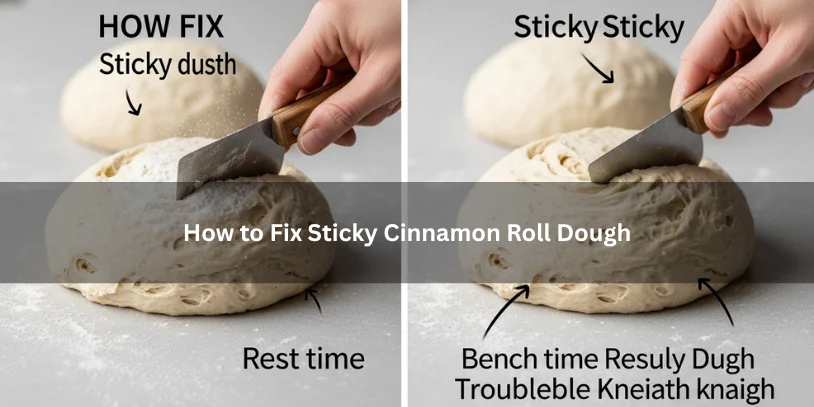Cinnamon Roll Dough Too Sticky? How to Fix It Without Ruining Soft, Fluffy Rolls Soft enriched cinnamon roll dough being gently adjusted with light flour and kneading, illustrating how to fix sticky cinnamon roll dough under soft natural lighting.-cinnamon roll dough too sticky