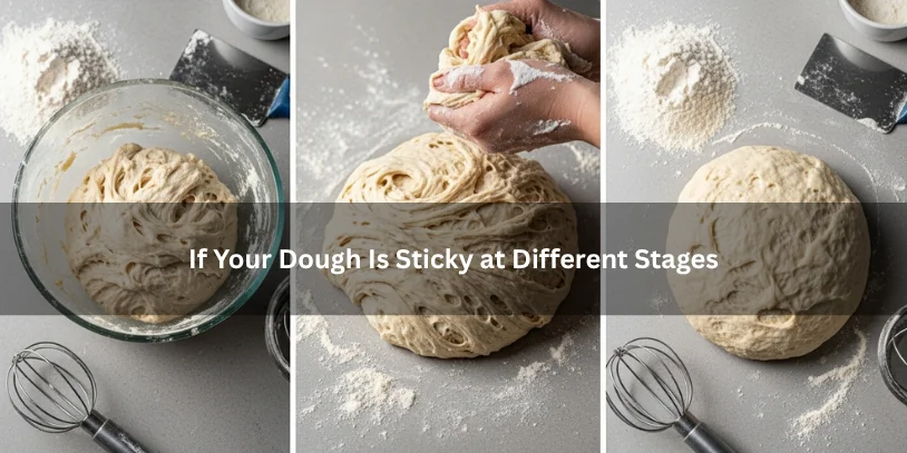 Cinnamon Roll Dough Too Sticky? How to Fix It Without Ruining Soft, Fluffy Rolls Three portions of enriched cinnamon roll dough showing stickiness during mixing, kneading, and after proofing, illustrating how sticky dough looks at different stages under soft natural lighting.-cinnamon roll dough too sticky