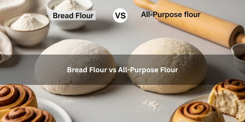 Cinnamon Roll Dough Too Sticky? How to Fix It Without Ruining Soft, Fluffy Rolls Two portions of cinnamon roll dough and baked rolls comparing bread flour and all-purpose flour, illustrating texture and crumb differences under soft natural lighting.-cinnamon roll dough too sticky