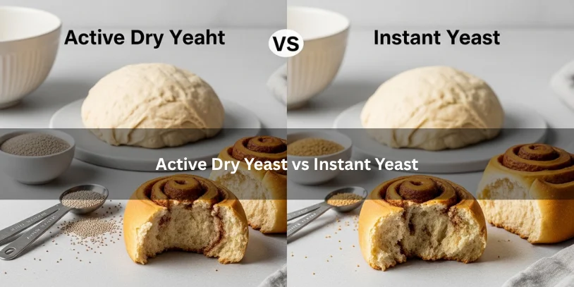 Cinnamon Roll Dough Too Sticky? How to Fix It Without Ruining Soft, Fluffy Rolls Two cinnamon roll dough setups and baked rolls comparing active dry yeast and instant yeast, illustrating differences in proofing, rise, and crumb under soft natural lighting.-cinnamon roll dough too sticky