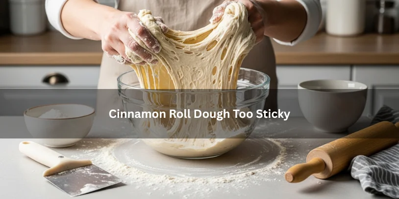 Cinnamon Roll Dough Too Sticky? How to Fix It Without Ruining Soft, Fluffy Rolls Soft enriched cinnamon roll dough clinging heavily to hands and the countertop, illustrating dough that is too sticky under soft natural lighting.-cinnamon roll dough too sticky