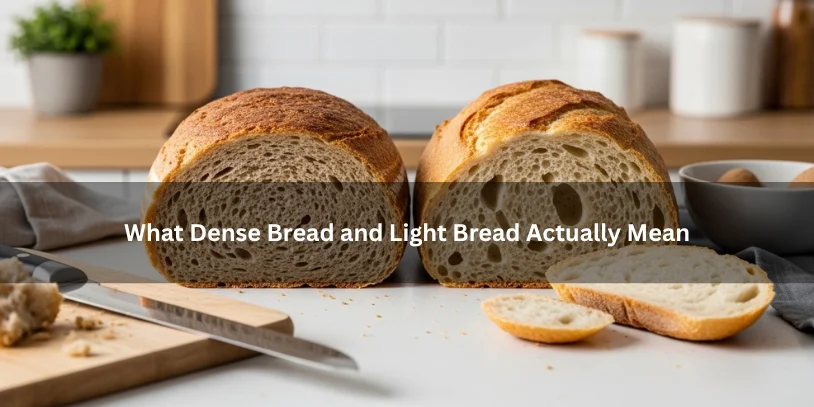 Dense bread and light bread sliced side by side, illustrating the difference between a tight crumb and an airy open crumb on a clean kitchen countertop.-dense bread vs light bread 
