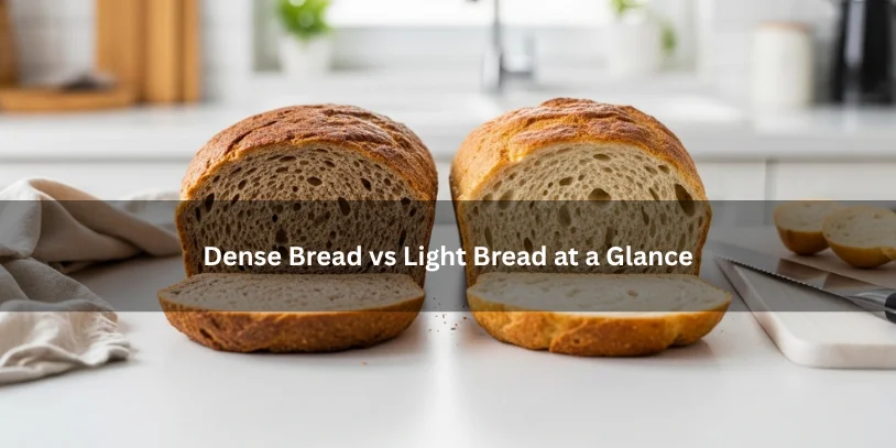 Dense bread and light bread shown side by side for quick comparison, illustrating tight crumb versus airy open crumb on a clean kitchen countertop.-dense bread vs light bread 