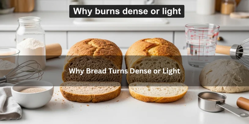Dense bread and light bread beside baking ingredients and dough, illustrating how mixing, proofing, and ingredient balance affect bread texture.-dense bread vs light bread 