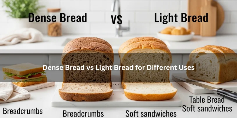 Dense bread and light bread shown side by side with different food uses, illustrating tight crumb versus airy texture on a clean kitchen countertop.-dense bread vs light bread 