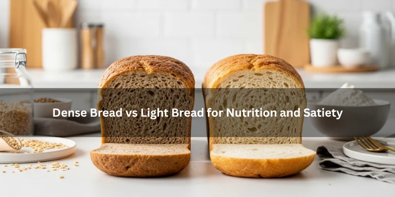 Dense bread and light bread sliced side by side with wholesome ingredients nearby, illustrating texture differences related to nutrition and satiety on a clean kitchen countertop.-dense bread vs light bread 