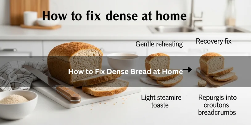 Dense homemade bread beside simple home-fix methods like reheating, toasting, and repurposing, illustrating practical ways to improve heavy bread in a clean kitchen setting.-dense bread vs light bread 
