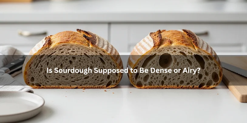 Two sliced sourdough loaves showing denser and airier crumb structures side by side on a clean kitchen countertop.-dense bread vs light bread 