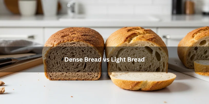 Dense bread and light bread shown side by side, illustrating clear crumb and texture differences on a clean kitchen countertop.-dense bread vs light bread