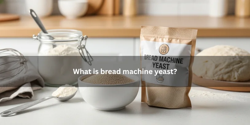 Bread machine yeast in a small bowl beside baking ingredients and dough, illustrating the ingredient in a clean kitchen setting.-difference between bread machine yeast and active dry yeast 