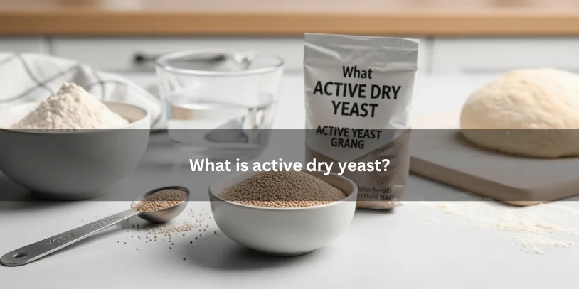 Active dry yeast in a small bowl beside baking ingredients, warm water, and dough, illustrating the ingredient in a clean kitchen setting.-difference between bread machine yeast and active dry yeast 