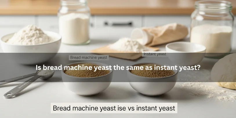Bread machine yeast and instant yeast in separate bowls beside baking ingredients, illustrating their close similarity in a clean kitchen setting.-difference between bread machine yeast and active dry yeast 