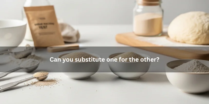 Bread machine yeast and instant yeast in separate bowls beside baking ingredients, illustrating that one can be substituted for the other in baking.-difference between bread machine yeast and active dry yeast 