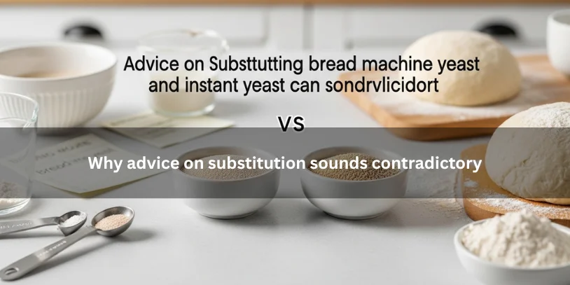 Bread machine yeast and instant yeast beside baking ingredients and recipe notes, illustrating why substitution advice can seem contradictory.-difference between bread machine yeast and active dry yeast 
