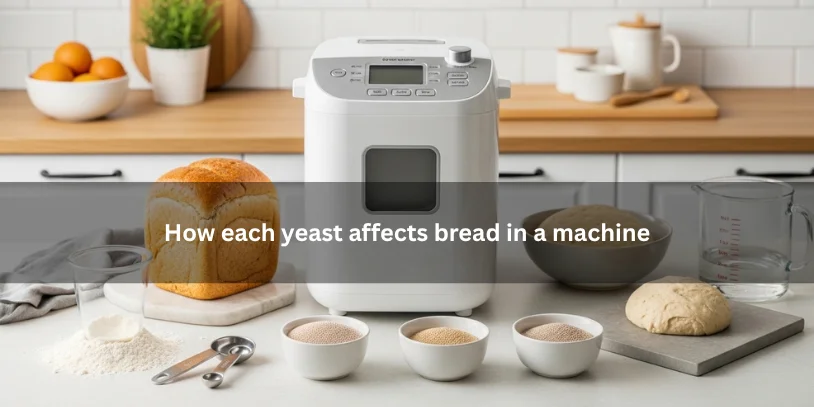 Bread machine beside different yeast types, dough, and baked bread, illustrating how each yeast can affect bread machine results.-difference between bread machine yeast and active dry yeast 