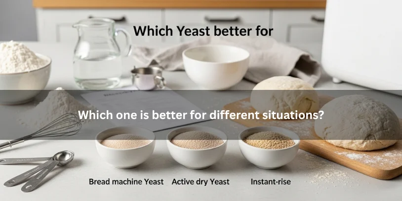 Bread machine yeast, active dry yeast, and instant yeast beside baking ingredients and a bread machine, illustrating which type suits different baking situations.-difference between bread machine yeast and active dry yeast 