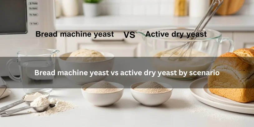 Bread machine yeast and active dry yeast beside baking ingredients, dough, and a bread machine, illustrating different baking scenarios for each yeast type.-difference between bread machine yeast and active dry yeast 