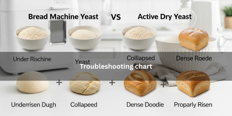 Bread machine yeast and active dry yeast beside dough and bread troubleshooting examples, illustrating common baking problems and outcomes in a clean kitchen setting.-difference between bread machine yeast and active dry yeast 