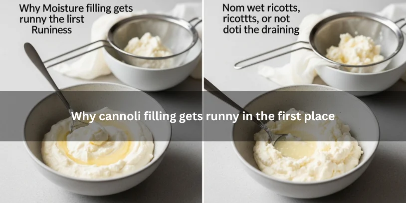 Visual showing runny cannoli filling due to excess moisture in ricotta, with a draining process to prevent this, under soft natural light.-how do i thicken cannoli filling 