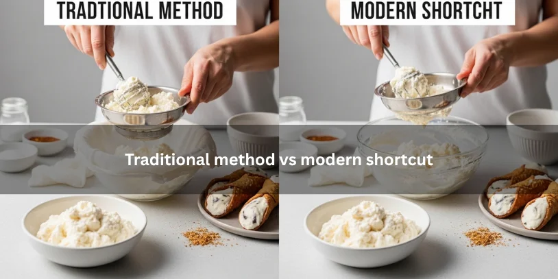 Side-by-side comparison showing traditional vs. modern shortcut methods for making cannoli filling under soft natural light.-how do i thicken cannoli filling 