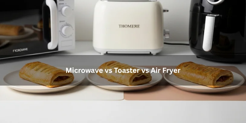 Three toaster strudels prepared by microwave, toaster, and air fryer, showing visible texture differences in a clean kitchen setting.-how long do you put toaster strudels in the microwave 
