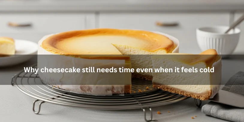 How to Chill a Cheesecake Quickly Without Ruining the Texture Chilled cheesecake with a smooth top and soft delicate center, illustrating why cheesecake still needs time to fully set even when it feels cold under soft natural lighting.-how to chill a cheesecake quickly