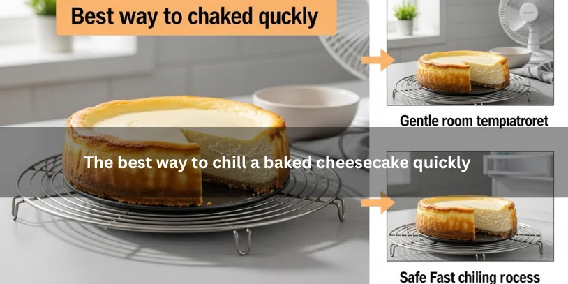How to Chill a Cheesecake Quickly Without Ruining the Texture Freshly baked cheesecake cooling on a rack with quick-chilling cues and a smooth set interior, illustrating the best way to chill a baked cheesecake quickly under soft natural lighting.-how to chill a cheesecake quickly