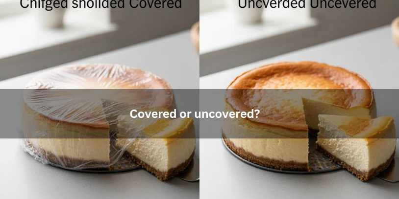 How to Chill a Cheesecake Quickly Without Ruining the Texture Two cheesecake setups comparing covered and uncovered chilling, illustrating surface and texture differences under soft natural lighting.-how to chill a cheesecake quickly