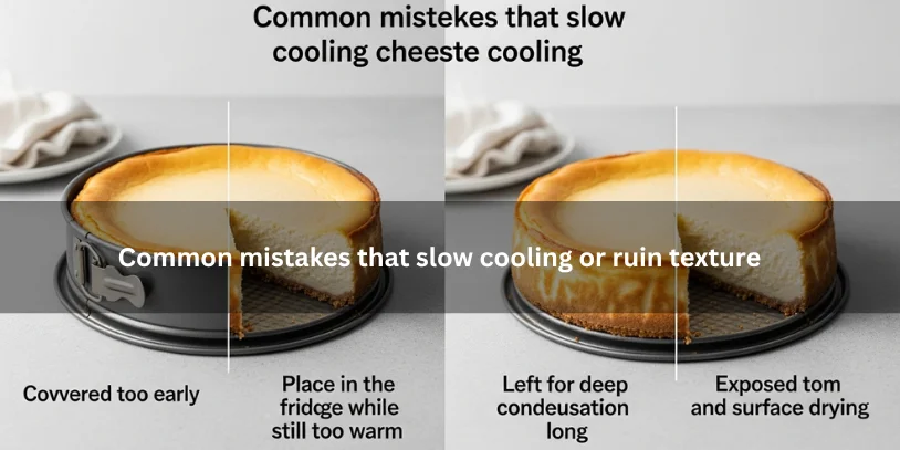 How to Chill a Cheesecake Quickly Without Ruining the Texture Freshly baked cheesecake beside common cooling mistakes like early covering, excess moisture, and poor chilling setup, illustrating what slows cooling or ruins texture under soft natural lighting.-how to chill a cheesecake quickly