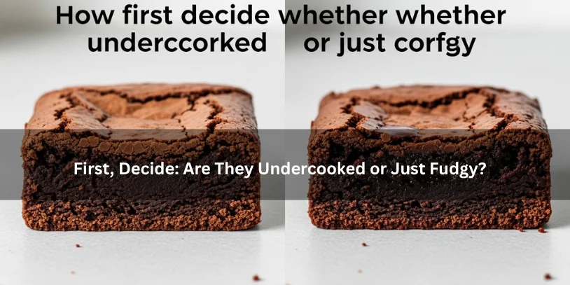 Two brownie pieces comparing a properly fudgy interior and an undercooked glossy center, illustrating how to decide whether brownies are undercooked or just fudgy under soft natural lighting.-how to fix undercooked brownies that have cooled 