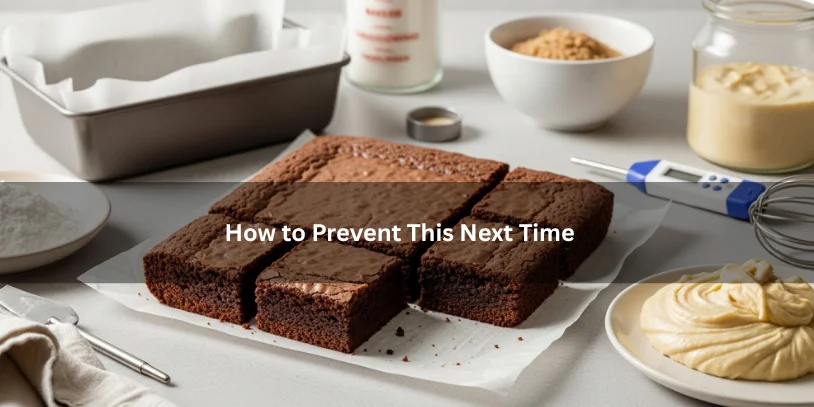 Perfectly baked brownies with an even top and fully set fudgy center beside measured ingredients and baking tools, illustrating how to prevent undercooked brownies next time under soft natural lighting.-how to fix undercooked brownies that have cooled 