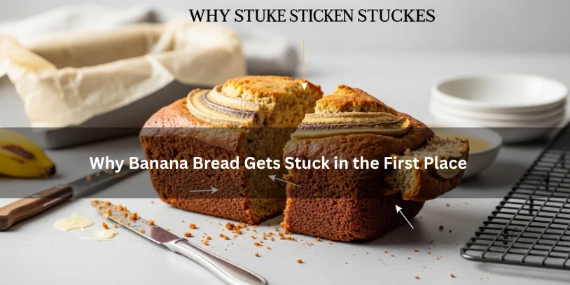 Freshly baked banana bread partially stuck in a loaf pan with crumbs clinging to the sides, illustrating why banana bread gets stuck in the pan under soft natural lighting.-how to get banana bread out of the pan 