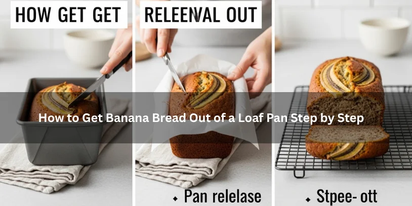 Freshly baked banana bread shown in step-by-step stages of loosening, lifting, and removing from a loaf pan onto a cooling rack under soft natural lighting.-how to get banana bread out of the pan