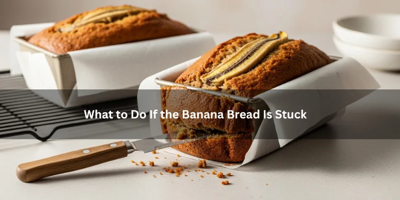 Freshly baked banana bread partly stuck in a loaf pan while the edges are gently loosened, illustrating what to do if banana bread is stuck under soft natural lighting.-how to get banana bread out of the pan 