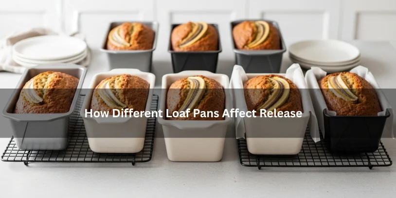 Freshly baked banana bread loaves in metal, glass, ceramic, silicone, and parchment-lined pans, illustrating how different loaf pans affect release under soft natural lighting.a-how to get banana bread out of the pan 
