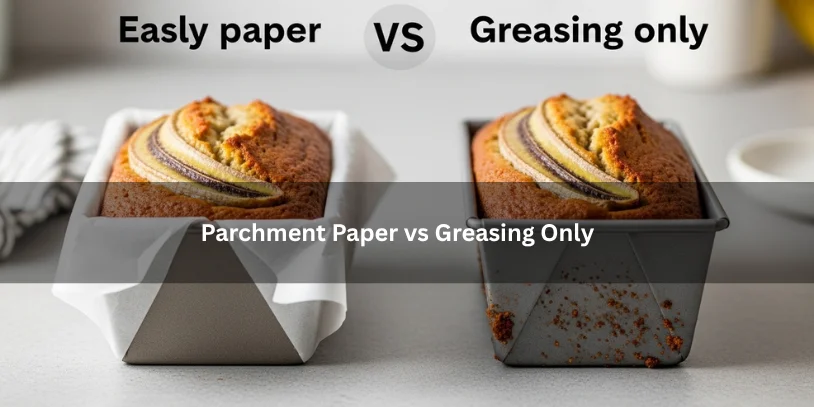 Two banana bread loaves comparing parchment paper lining and greasing only, illustrating differences in pan release under soft natural lighting.-how to get banana bread out of the pan 