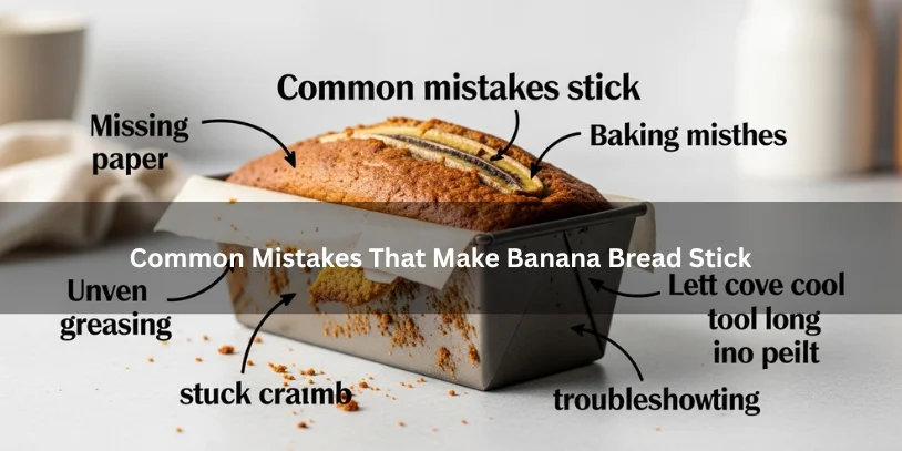 Freshly baked banana bread partly stuck in a loaf pan beside common sticking mistakes like missing parchment and uneven greasing under soft natural lighting.-how to get banana bread out of the pan 