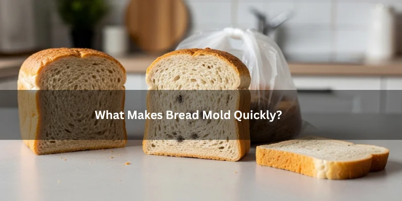Sliced bread with early mold spots beside moisture and storage clues, illustrating what makes bread mold quickly under soft natural lighting.-how to make bread mold quickly 