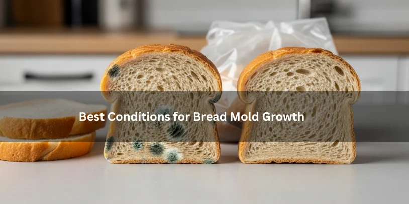 Sliced bread with visible mold growth beside moisture and warm-storage clues, illustrating the best conditions for bread mold growth under soft natural lighting.-how to make bread mold quickly 