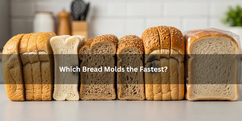 Several types of sliced bread shown side by side with visible differences in mold growth, illustrating which bread molds the fastest under soft natural lighting.-how to make bread mold quickly 