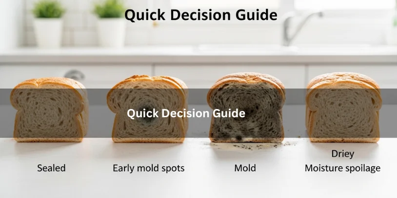 Several bread slices showing different stages of mold growth and storage outcomes, illustrating a quick decision guide for bread mold troubleshooting under soft natural lighting.-how to make bread mold quickly 