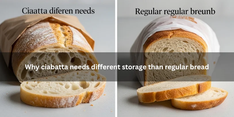 Side-by-side comparison showing ciabatta and regular bread with different crumb textures and storage methods under soft natural light.-how to store ciabatta bread 