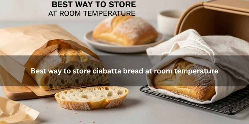 Ciabatta bread stored at room temperature in a paper bag or bread box, with one sliced section showing airy crumb and crisp crust under soft natural light.-how to store ciabatta bread 