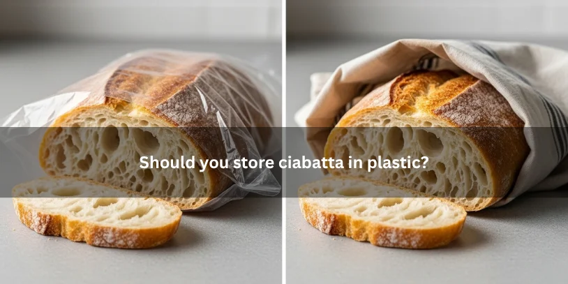 Side-by-side visual showing ciabatta stored in plastic with softened crust versus properly stored ciabatta with better crust texture under soft natural light.-how to store ciabatta bread 