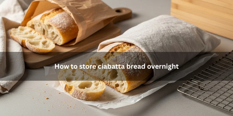 Ciabatta bread stored overnight in a paper bag or bread box, with one sliced section showing airy crumb and crisp crust under soft natural light.-how to store ciabatta bread 